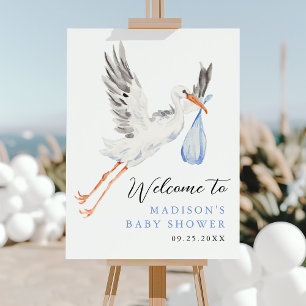 Watercolor Stork Blue Boy Baby Shower Welcome Sign