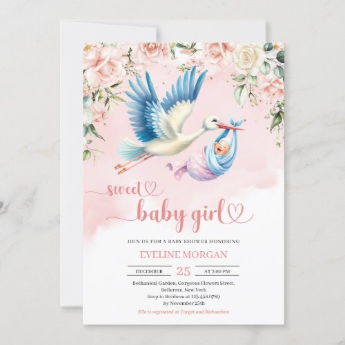 Watercolor stork delivery baby girl pink floral invitation
