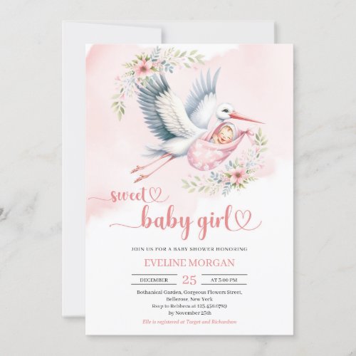 Watercolor stork delivery baby girl pink floral invitation
