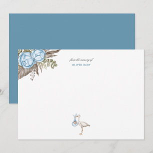 Watercolor Stork Floral Boy Baby Shower Note Card