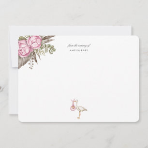 Watercolor Stork Floral Girl Baby Shower Note Card