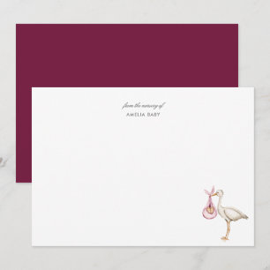 Watercolor Stork Floral Girl Baby Shower Note Card