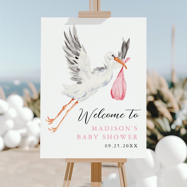 Watercolor Stork Pink Baby Shower Welcome Sign (Creator Uploaded)