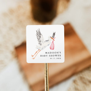 Watercolor Stork Pink Girl Baby Shower Square Sticker