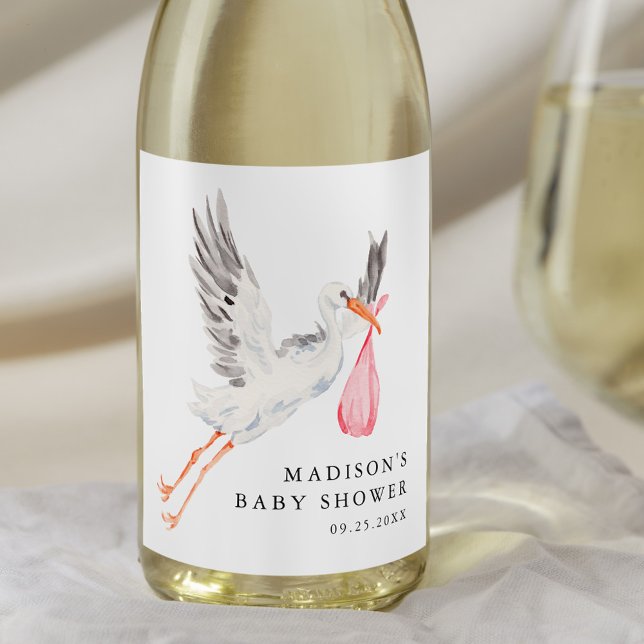 Watercolor Stork Pink Girl Baby Shower Wine Label (Creator Uploaded)