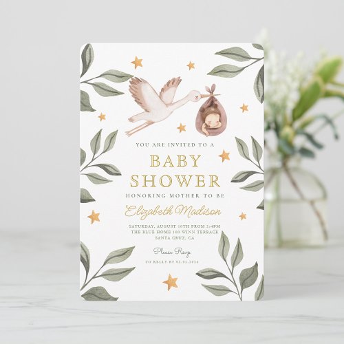 Watercolor Stork Stars Greenery Baby Shower Invitation