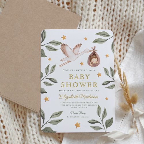 Watercolor Stork Stars Greenery Baby Shower Invitation