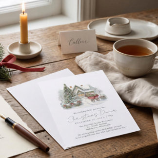Watercolor Storybook Christmas Wagon Dinner Invitation