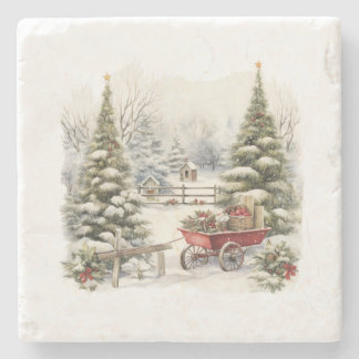 Watercolor Storybook Winter Wagon Cottage Stone Coaster