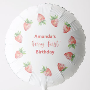 Watercolor strawberries 1st birthday party balloon