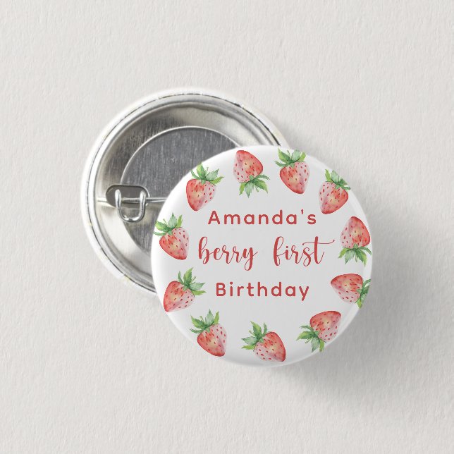Watercolor strawberries 1st birthday party button (Front & Back)