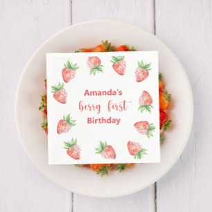 Watercolor strawberries 1st birthday party napkins