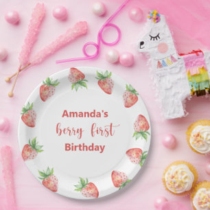 Watercolor strawberries 1st birthday party paper plates