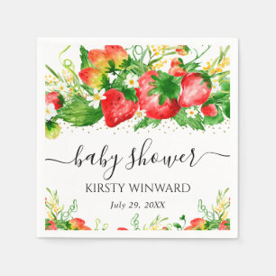 Watercolor Strawberries and Flowers Baby Shower Napkins