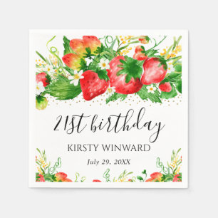 Watercolor Strawberries and Flowers Birthday Napkins