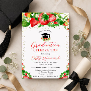 Watercolor Strawberries and Flowers Graduation Invitation