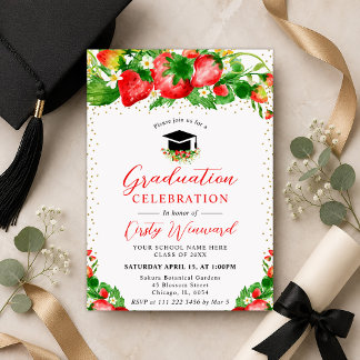 Watercolor Strawberries and Flowers Graduation Invitation