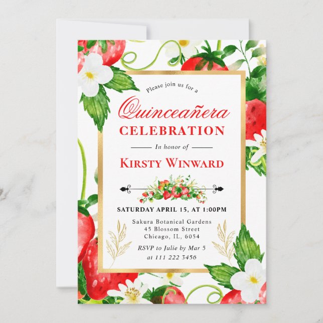 Watercolor Strawberries and Flowers Quinceanera Invitation (Front)
