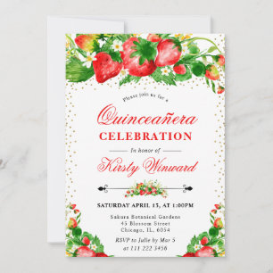 Watercolor Strawberries and Flowers Quinceanera Invitation