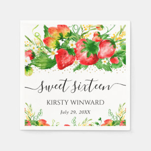 Watercolor Strawberries and Flowers Sweet Sixteen Napkins