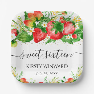 Watercolor Strawberries and Flowers Sweet Sixteen Paper Plates