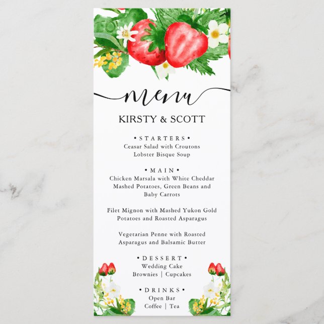 Watercolor Strawberries and White Flowers Wedding Menu (Front)