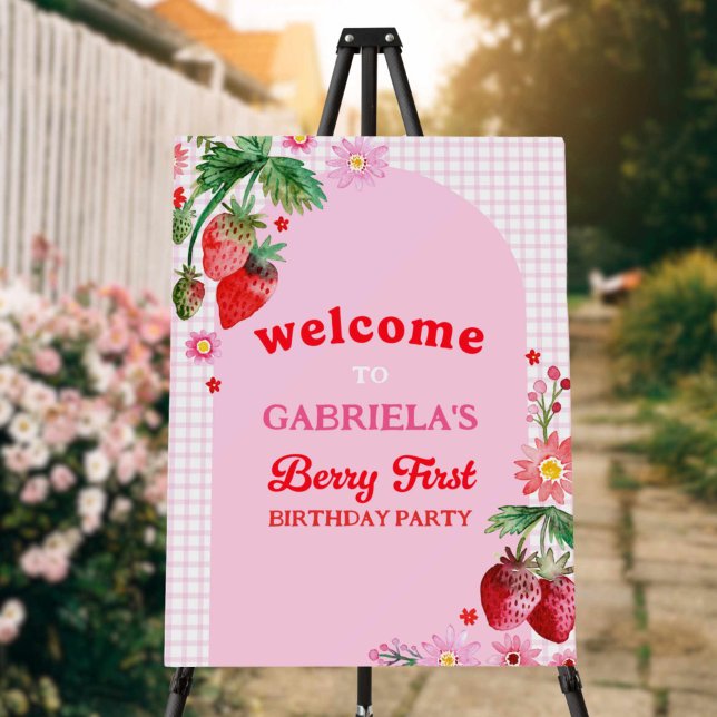 Watercolor Strawberries Berry First Welcome Sign (Watercolor Strawberries Berry First Welcome Sign)