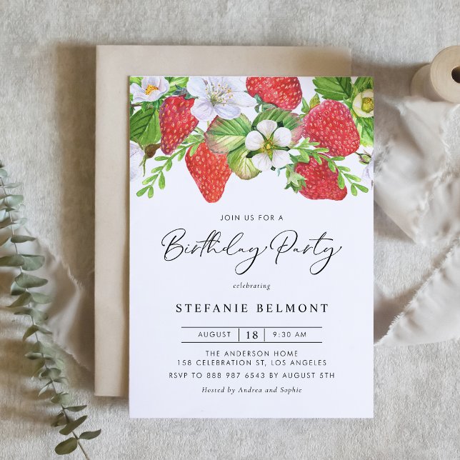 Watercolor Strawberries Botanical Birthday Invitation (Creator Uploaded)
