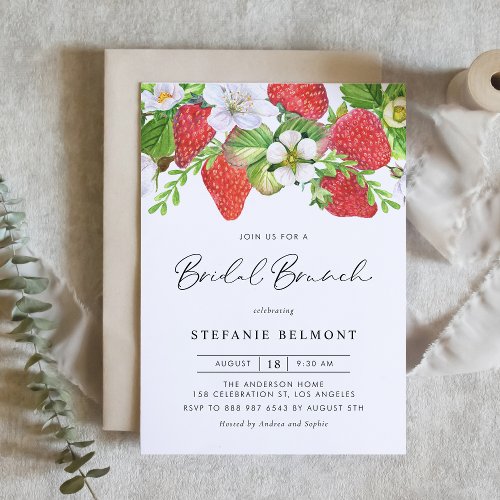 Watercolor Strawberries Botanical Bridal Brunch Invitation