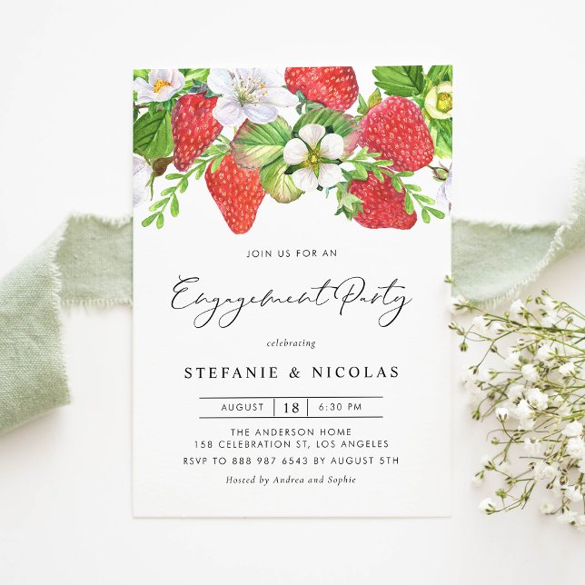 Watercolor Strawberries Botanical Engagement Party Invitation (Creator Uploaded)