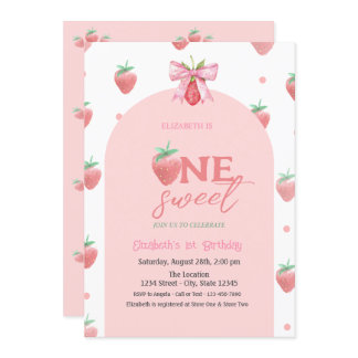 Watercolor Strawberries Bow Two Sweet 1st Birthday Invitation