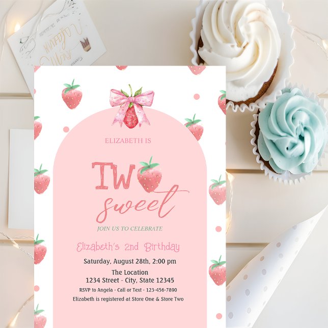 Watercolor Strawberries Bow Two Sweet 2nd Birthday Invitation (Creator Uploaded)