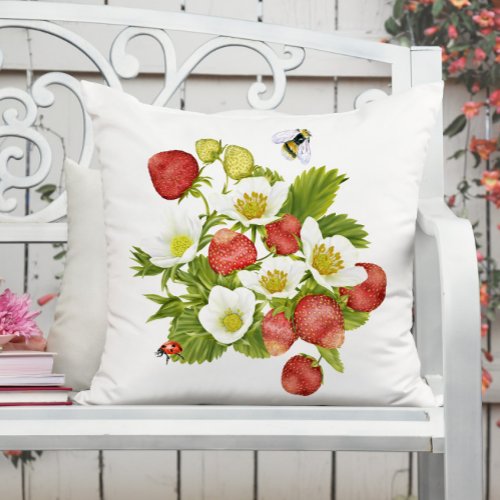 Watercolor Strawberries Cottagecore Throw Pillow