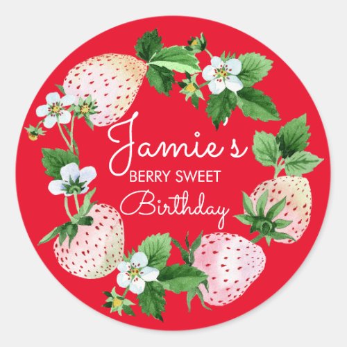 Watercolor Strawberries  First Birthday Party Red Classic Round Sticker
