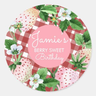 Watercolor Strawberries First Birthday Plaid B Classic Round Sticker