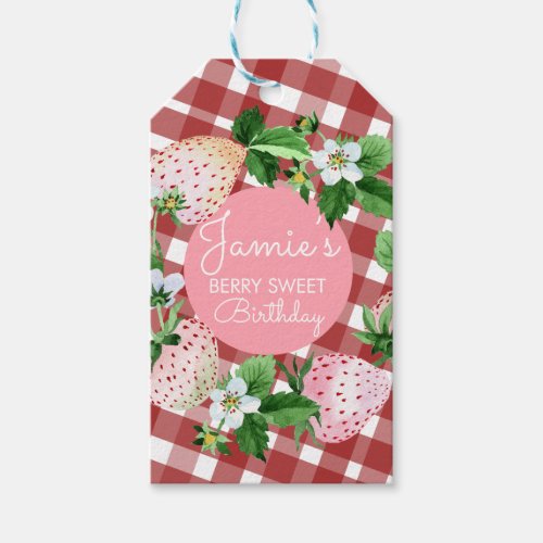 Watercolor Strawberries First Birthday Plaid B Gift Tags