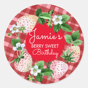 Watercolor Strawberries First Birthday Plaid Classic Round Sticker