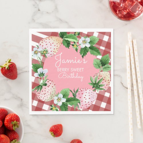 Watercolor Strawberries First Birthday Plaid Napkins