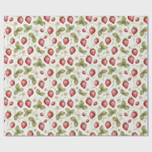 Watercolor Strawberries, Flowers and Leaves Wrapping Paper