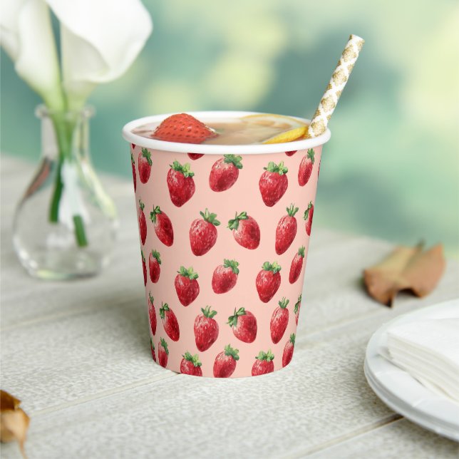 Watercolor Strawberries Fruit Pattern Pastel Pink Paper Cups (Insitu)