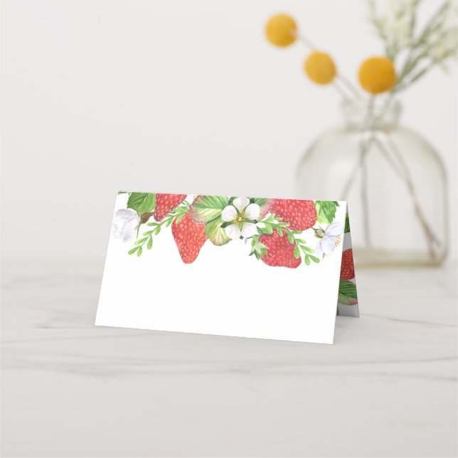 Watercolor Strawberries Garland Botanical Summer Place Card (Front)