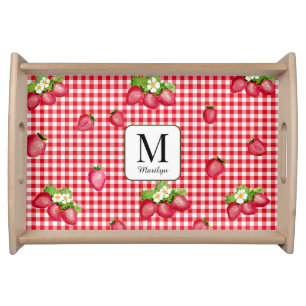 Watercolor Strawberries Gingham Custom Monogram Serving Tray