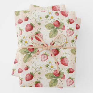 Watercolor Strawberries, Leaves and Flowers Wrapping Paper Sheets