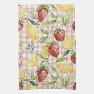 Watercolor Strawberries & Lemons on Blush Plaid Kitchen Towel