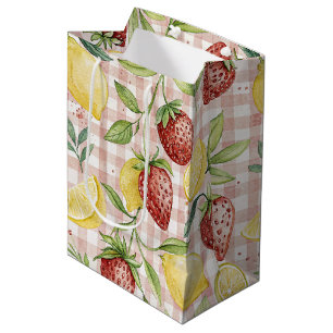 Watercolor Strawberries & Lemons on Blush Plaid Medium Gift Bag