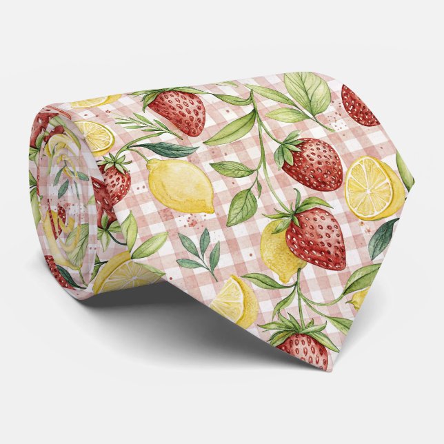Watercolor Strawberries & Lemons on Blush Plaid Neck Tie (Rolled)