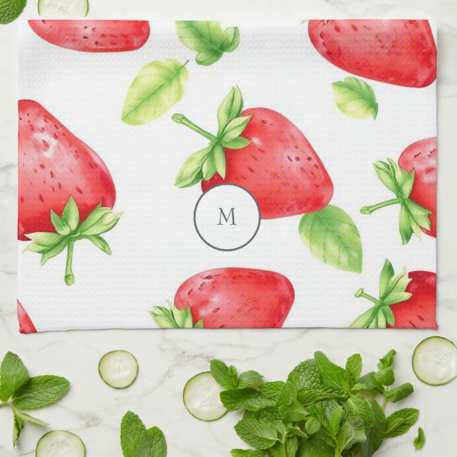 Watercolor strawberries modern summer monogrammed kitchen towel (Folded)