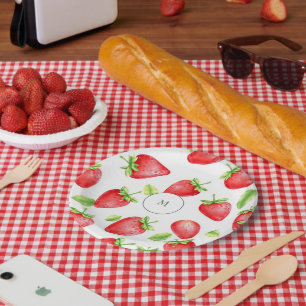 Watercolor strawberries modern summer monogrammed paper plates