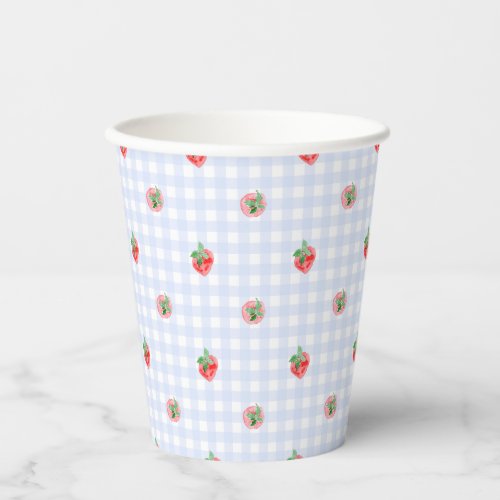 Watercolor strawberries on a blue gingham paper cups