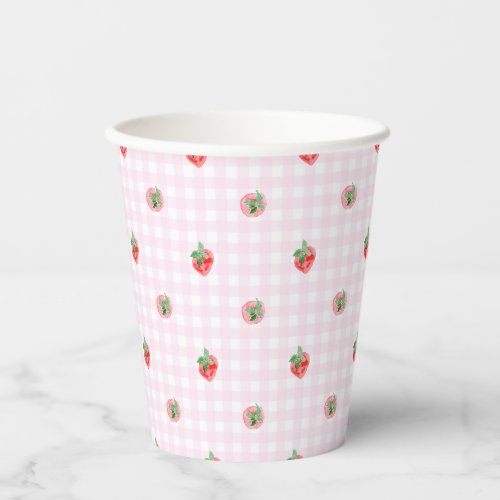 Watercolor strawberries on a pink gingham paper cups